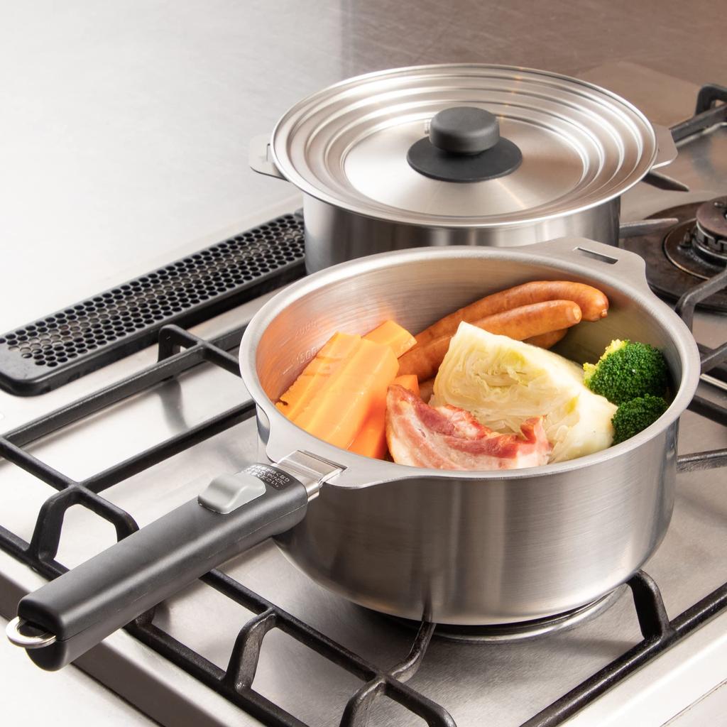 Wahei Freiz Japanese-made Tsubame-Sanjo 4-piece Pot Set with Detachable Handles, Steamer, Colander, Stainless Steel, IH Compatible, EM-033