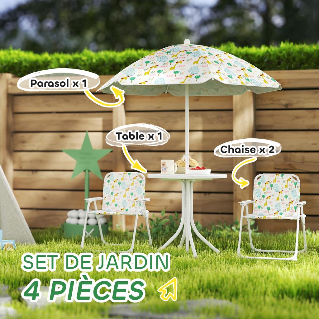 Children's 4-piece outdoor garden furniture set, elephant and giraffe design, adjustable parasol ? 100 cm, folding chair