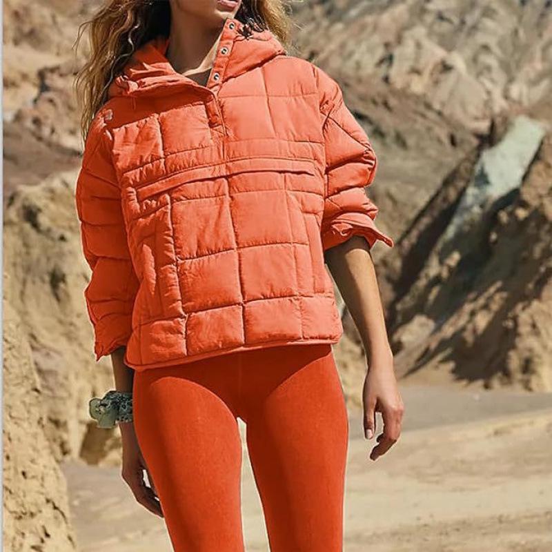 Women's Autumn/Winter Solid Color Hooded Cotton Jacket: Foldable, Long Sleeve, Pullover with Pocket.
