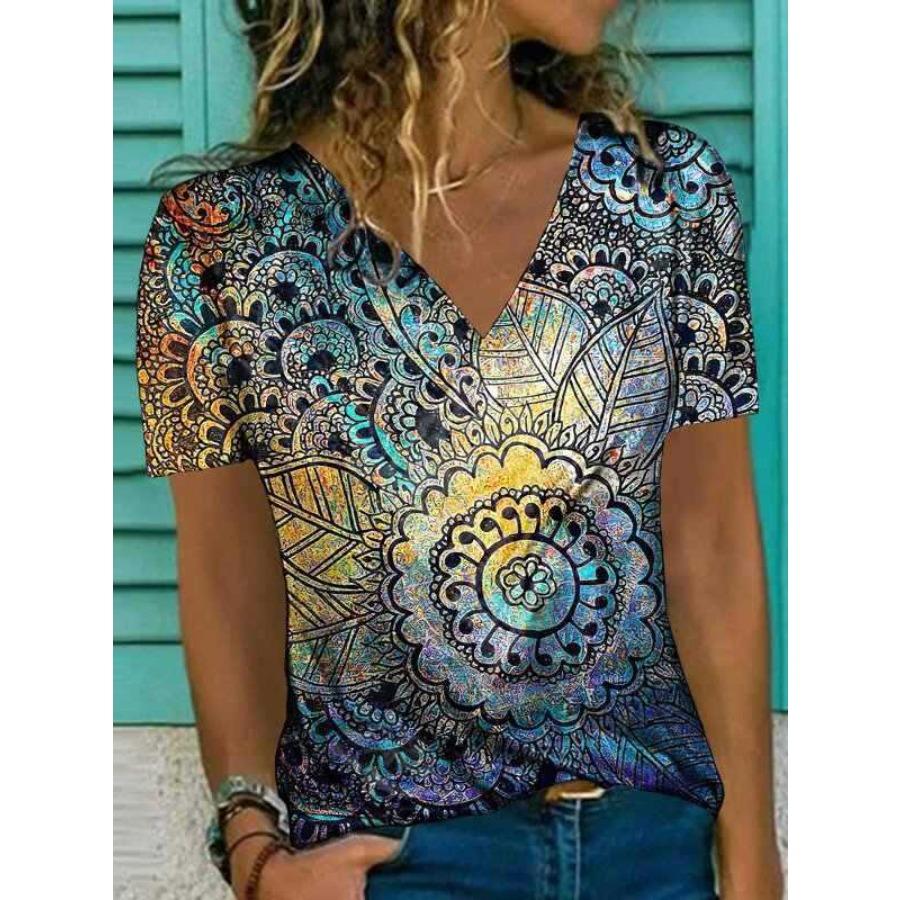 Vintage Women 3D Print T Shirt Short Sleeve V Neck Tops Comfortable T-shirts