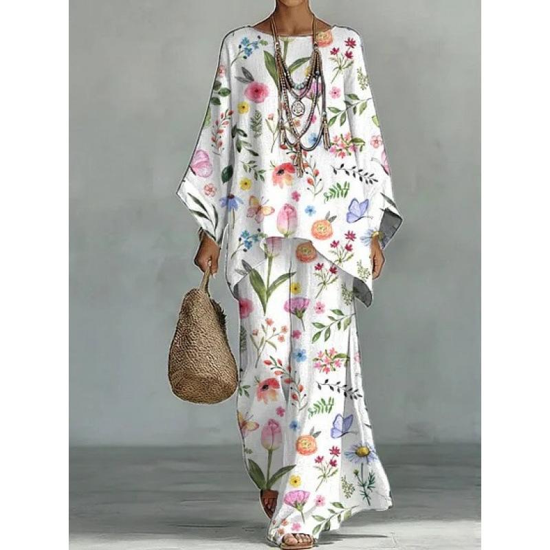 Y116 Summer Loose Bat Sleeve Top Wide Leg Pants Two-piece Women's Clothing European and American Fashion Suit