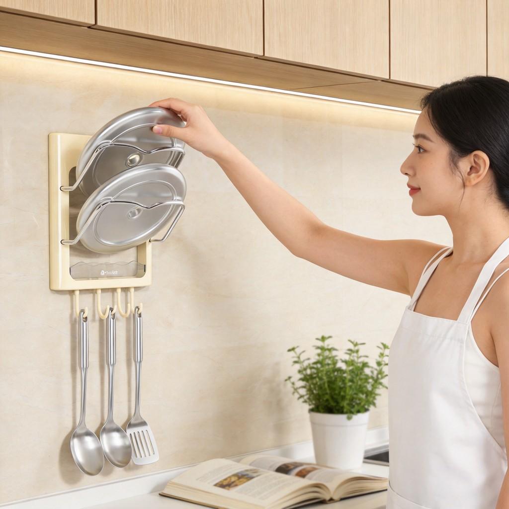 Kitchen Wall Mount Pot Lid Rack With Multilayer Storage For Home Cooking