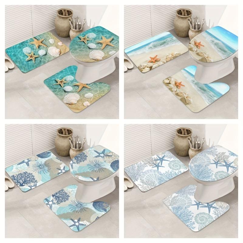 3-Piece Bathroom Mat Set - Anti-Slip Starfish & Seashell Design, Machine-Washable, Soft Flannel - Ideal for Home Safety and Decor