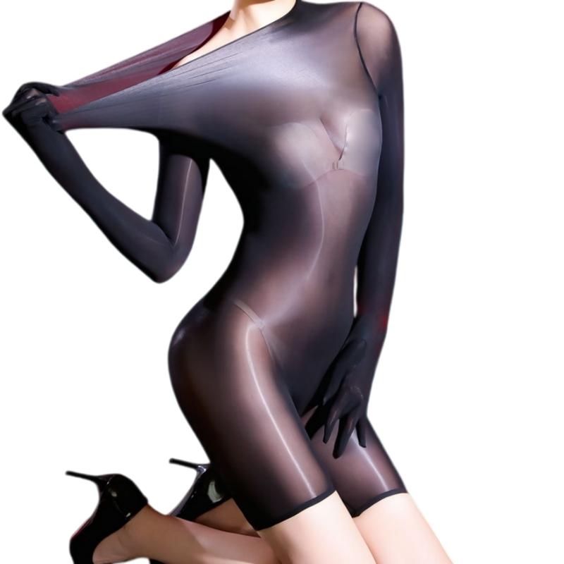 Sexy Women 5D Thin Oil Shiny Smooth Bodysuit Gloves Sleeve Sexy Tights Elastic Yoga Shaping Unisex Playsuit Maid Leotard