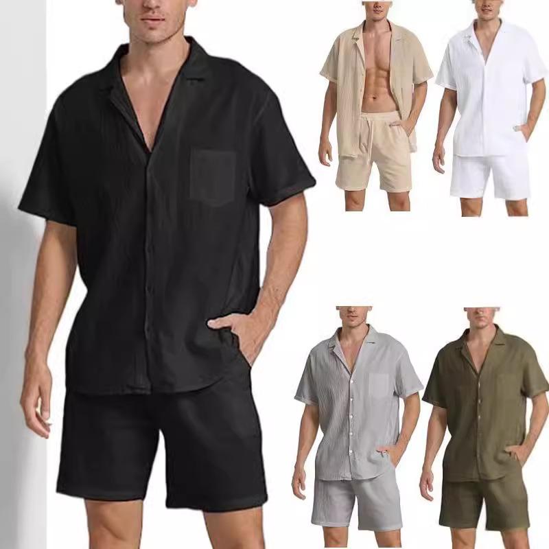 

Men s Seersucker Short Sleeve Shorts Outfit M білий