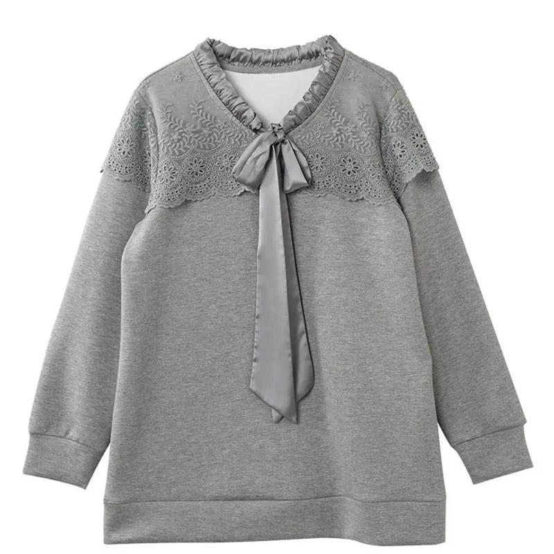 Sweatshirt for Women Cotton Oversize Lace-Trimmed Fleece Thickened Loose V-Neck Casual Pullover Long Sleeve Top Sweatshirt