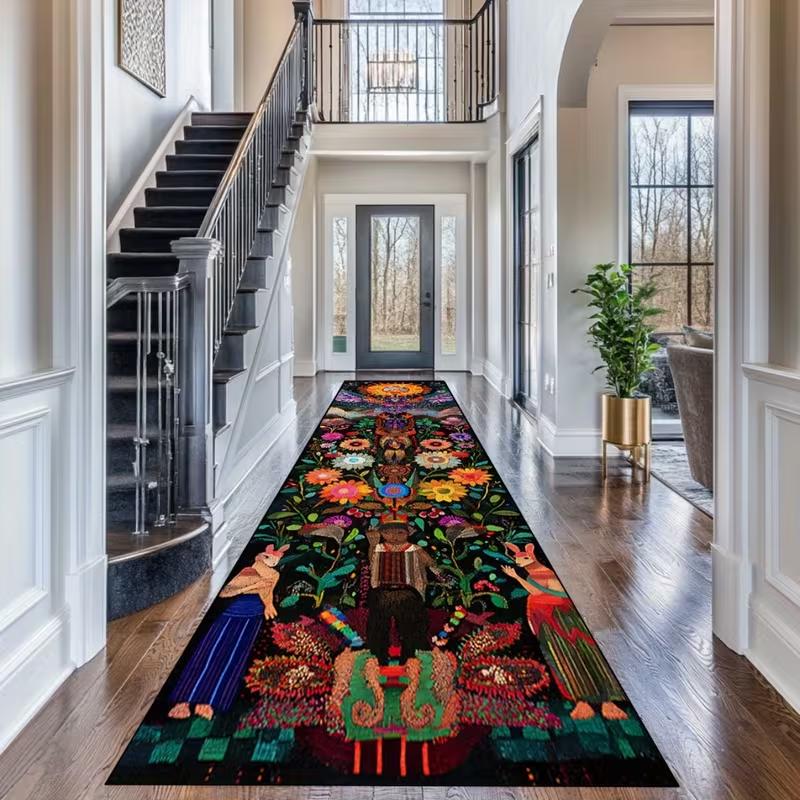 Dream Bird Totem Art Carpet, Multicolor Floral Whirl with Mask Figure Rug, Plush Floor Mat for Eclectic Corridor Decoration
