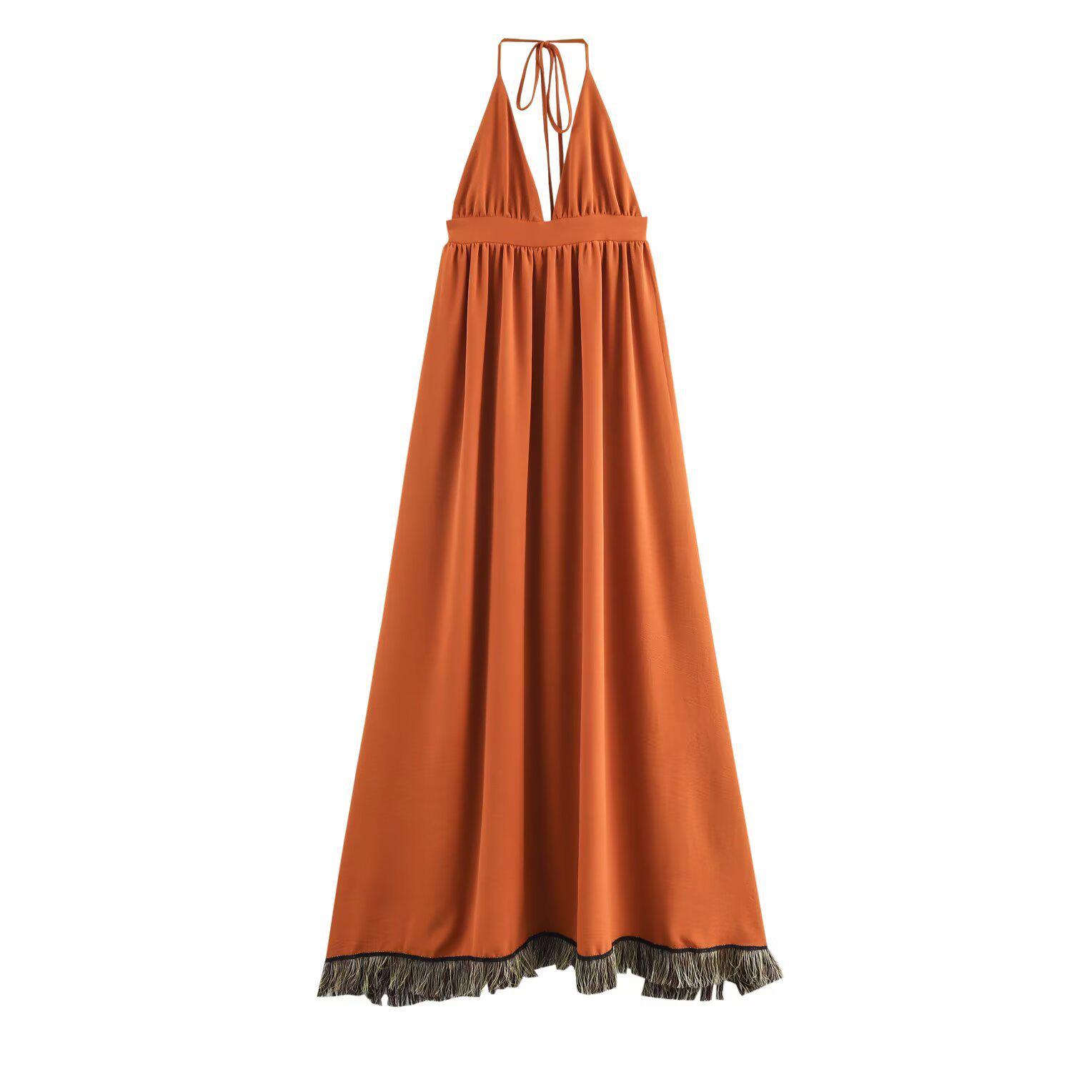 

Весна 2025 Женское Повседневное Макси-платье в Европейском и Американском Стиле с Лоскутным Дизайном, Бахромой и Бретелями-Халтер Small оранжевый