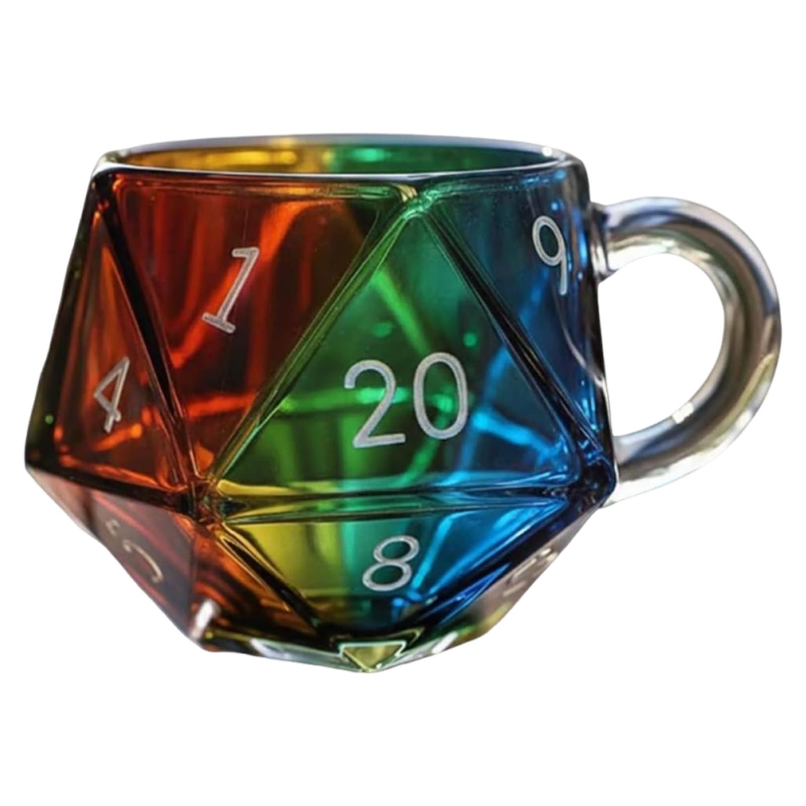 

Rainbow D20 Dice Mug with Handle Polyhedral Dice Coffee Cup Transparent Glass Game Mug Gift for Fantasy Lovers 201-300ml
