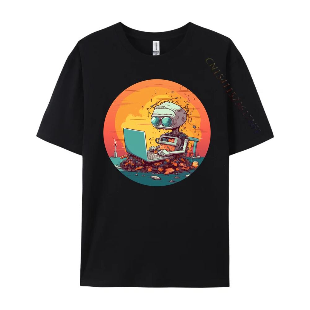 Funny Smart Ai Robot With Laptop For Portable Computer Fans Black Graphic T Shirts Autumn Mens Cotton TShirt Halloween