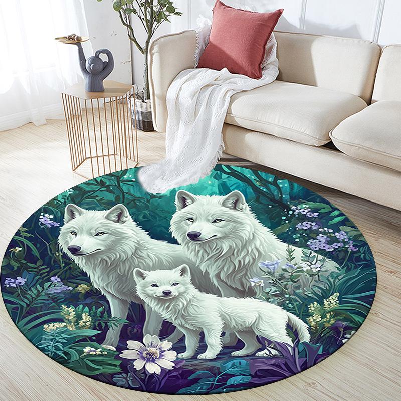 Wolf Family Round Area Rug,Carpet Rug for Living Room Bedroom Sofa Playroom Decor,Non-slip Floor Mat