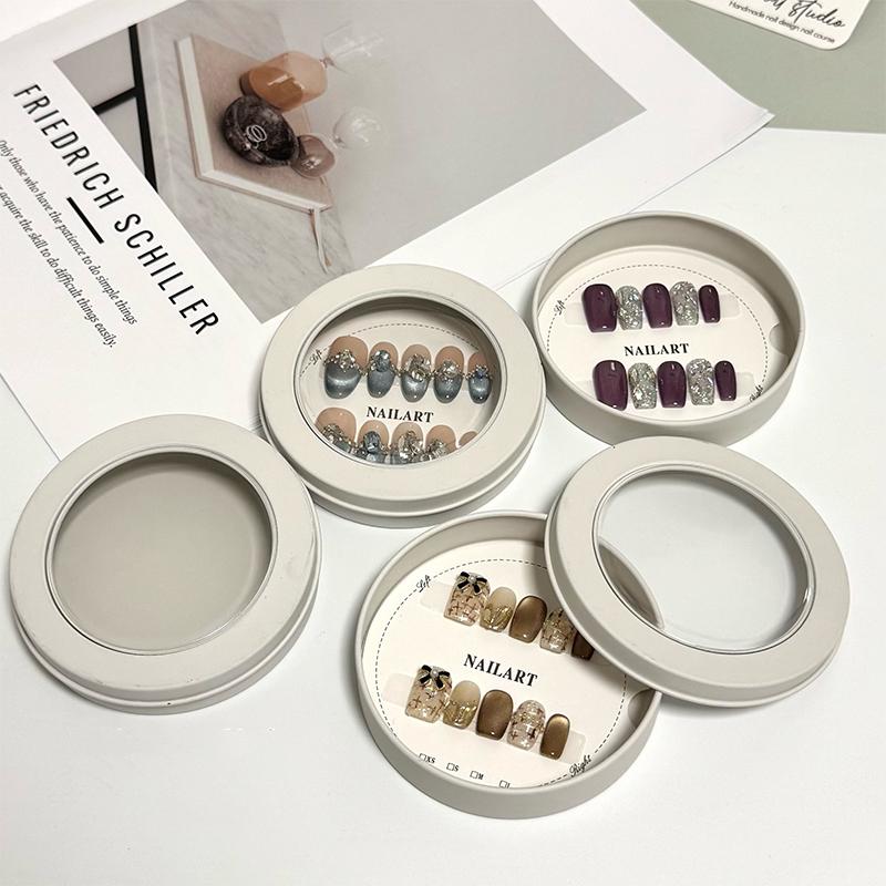 False Nail Press On Wearing Circular Iron Display Box With Display Card Nail Packing Box For Fake Nails Finished Product