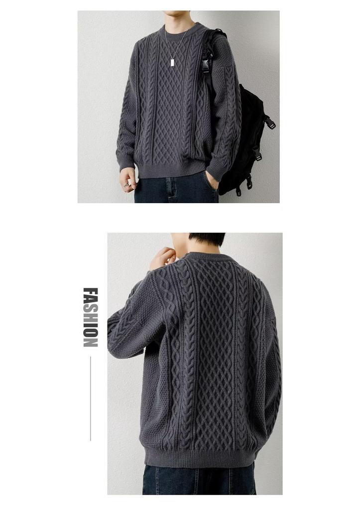 Men's Retro Cable Knit Sweater - Round Neck, Loose Fit, Trendy Autumn/Winter Woolen Knitwear for Teens