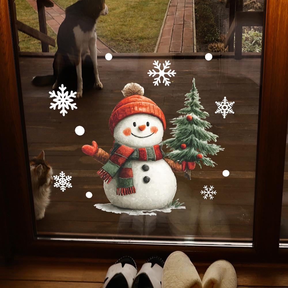 Cartoon Snowman and Christmas Tree Home Glass Window Beautification Stickers