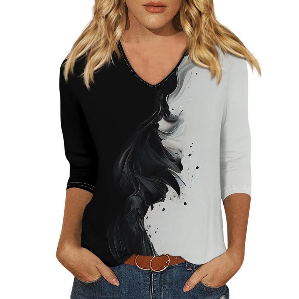 Shirt For Women'S Fashion Casual V Neck 3/4 Sleeve Loose Printed T-Shirt Ladies Top New Fashionable And Simple Women‘S 2024