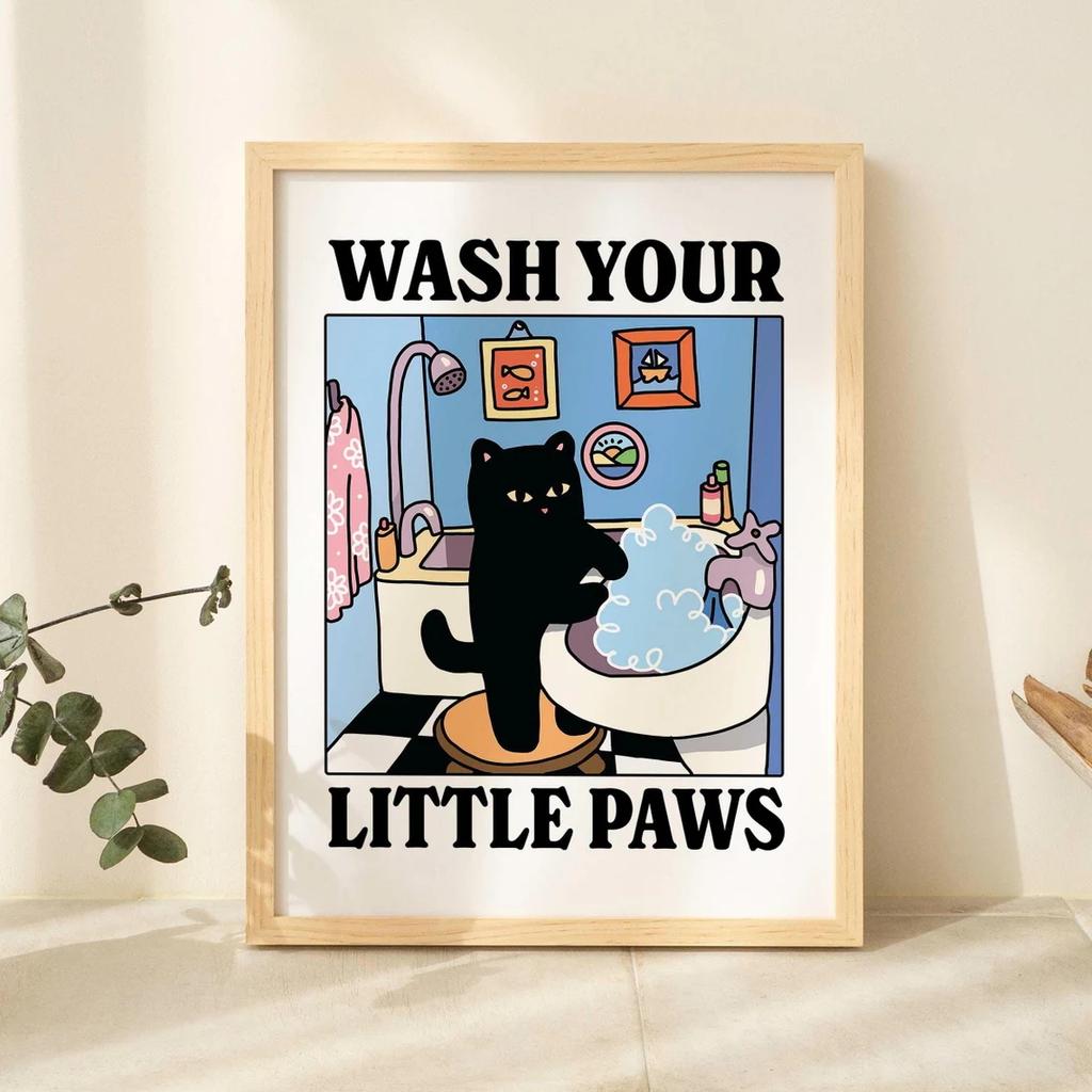 Wash Your Plttle Paws Bathroom Black Cat Wall Art Prints Canvas Painting Poster Picture For Living Bed Room Home Decor