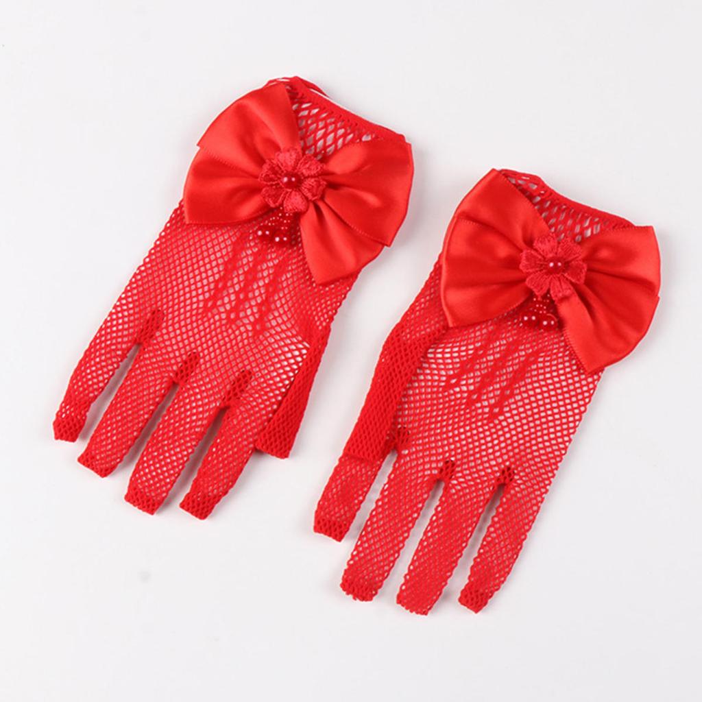Kids Party Lace Pearl Fishnet Gloves Communion Flower Girl Party Mittens Children's Mittens High Elasticity Mesh Bow Gloves