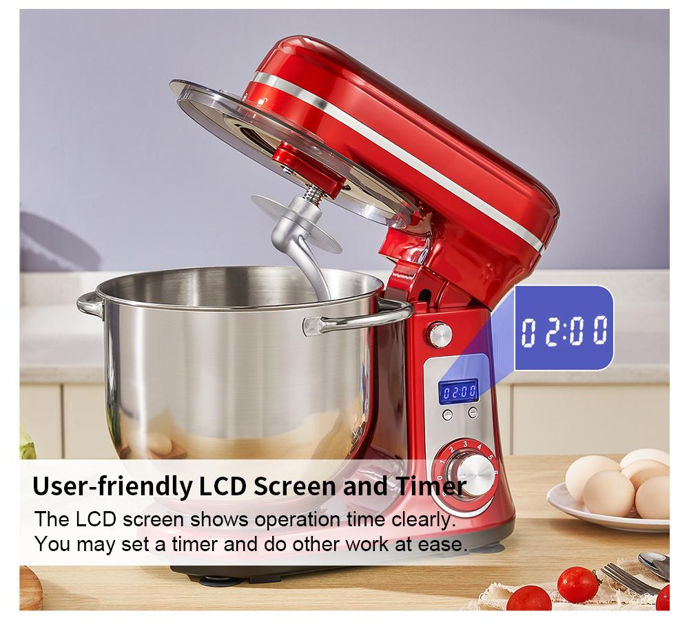 Biolomix Stand Mixer, 1200W DC Quiet Motor 6L Stainless Steel Bowl, 6+Pulse Speeds Electric Kitchen Mixer with LCD Timer, Dough Hook, Beater, Whisk