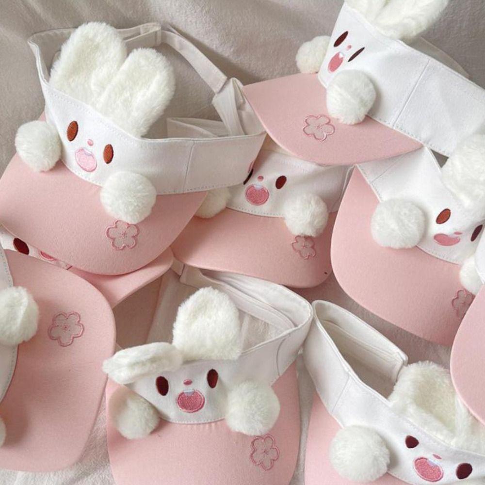 Sunscreen Rabbit Hiking Visor Cap Plush Pink Rabbit Sun Hat Bunny Ear Hollow Hat Mountaineering