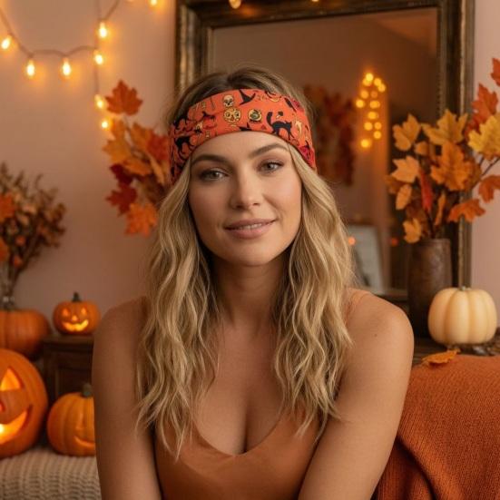 Skull Pumpkin Headband Halloween Headbands for Women, Cute Ghost Bat Cat Skeleton Wide Hair Bands, Elastic Breathable Stretchy Non-Slip Headbands,