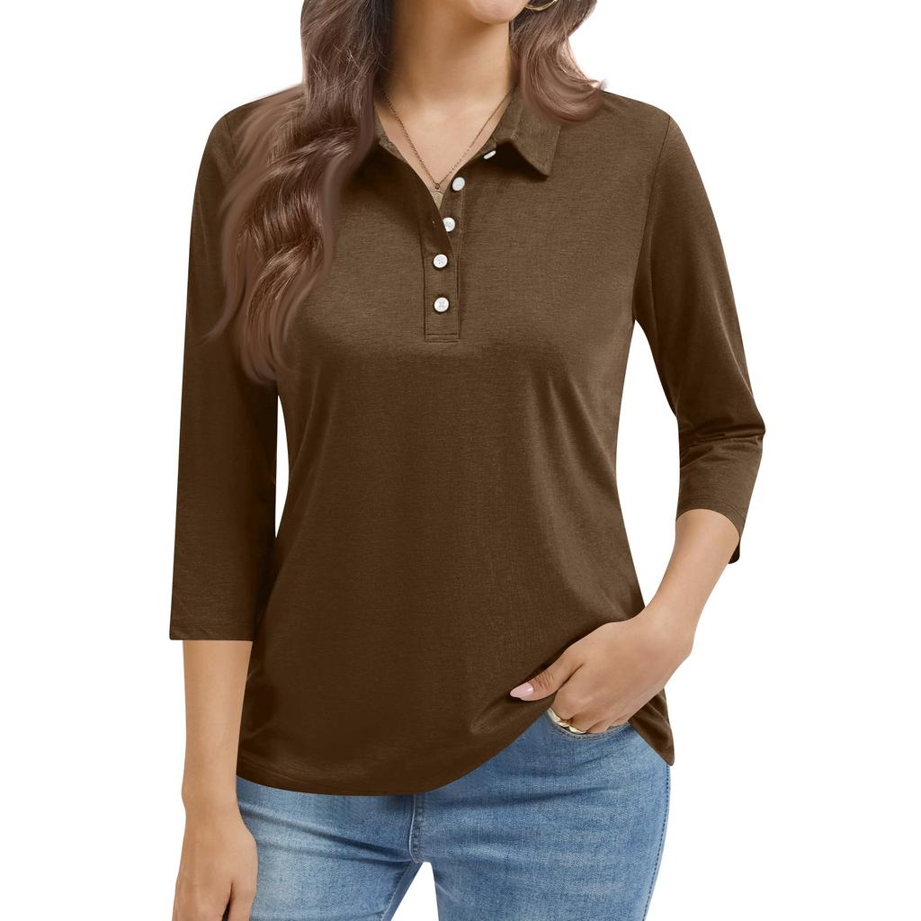 Women's Fashion Casual Lapel Short 3/4 Sleeve Color Shirt Women's Button Up Tops