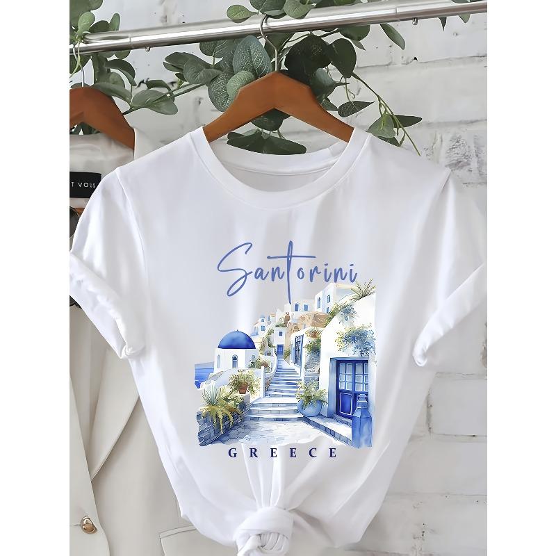 

European Size [Island-Themed Outfit Enhancer] Women s Island Print T-Shirt | Scenic Design, Short Sleeve Crew Neck Blouse, Machine Washable 4XL