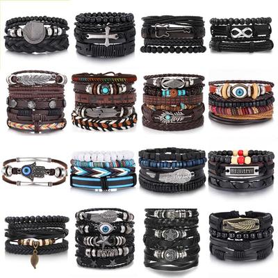 European & American Handmade Braided Leather Bracelet Set: Men's Hip Hop Punk Vintage Multi-layer Jewelry