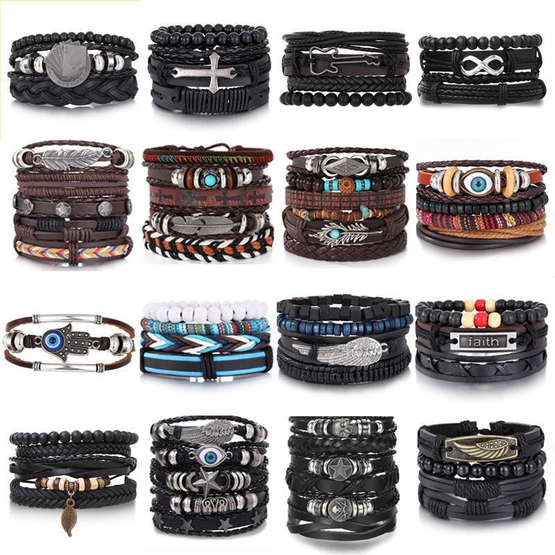 European & American Handmade Braided Leather Bracelet Set: Men's Hip Hop Punk Vintage Multi-layer Jewelry