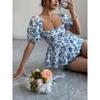 Summer New Women's Fresh and Sweet T-shirt Square Neck Puff Sleeve Floral Top