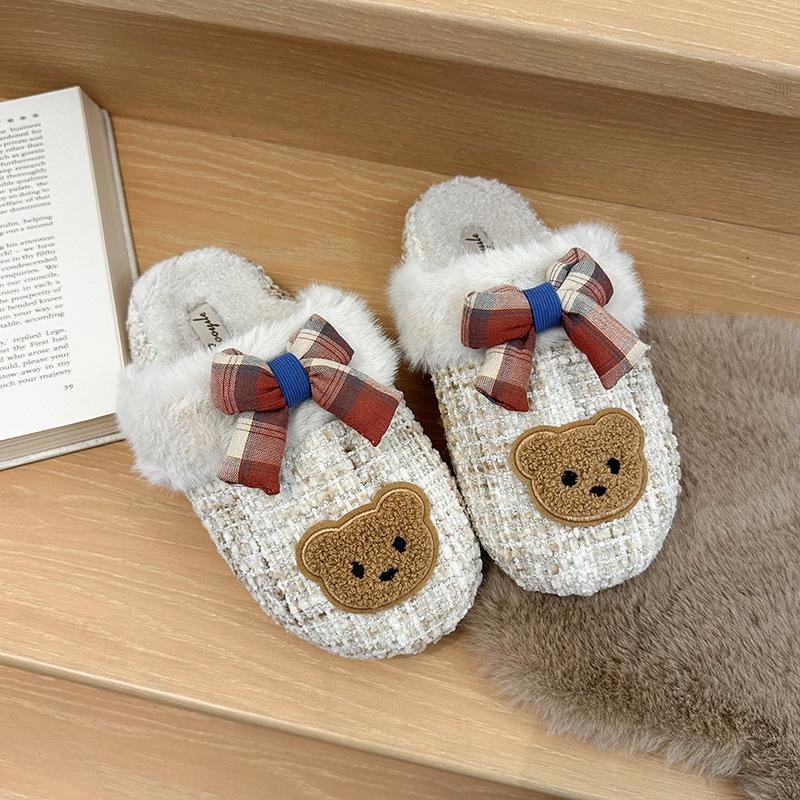 Autumn and Winter New Mao Mao Shoes Women's Shoes Flat Slippers Women's One-word Drag Cute Bear Cartoon Platform Outdoor Velvet To Keep Warm