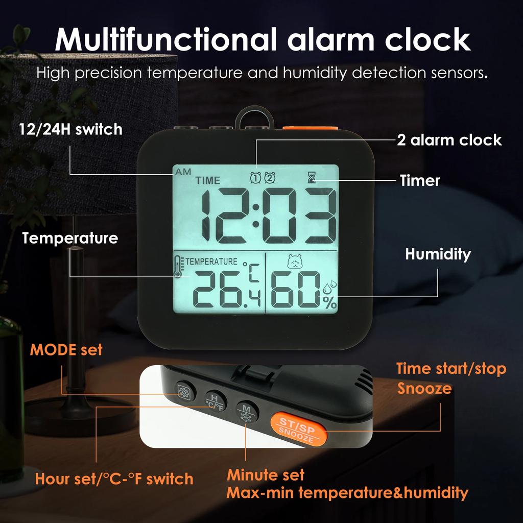Digital Alarm Clock with 2 Bells Temperature Humidity Backlight Night Light Snooze 12/24H Battery room decoration