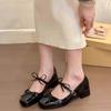 2025 New Silver Bow Square Head Middle Heel Mary Jane Shoes Children One Word with High Heels Thick Heel Single Shoes