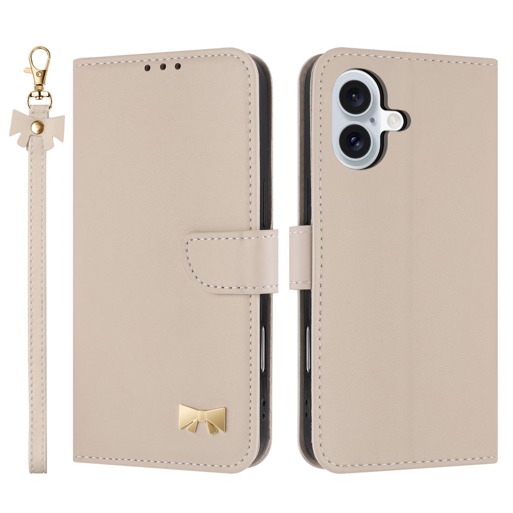 For iPhone 17 Case Bowknot Decor Wallet Leather Phone Cover with Wrist Strap