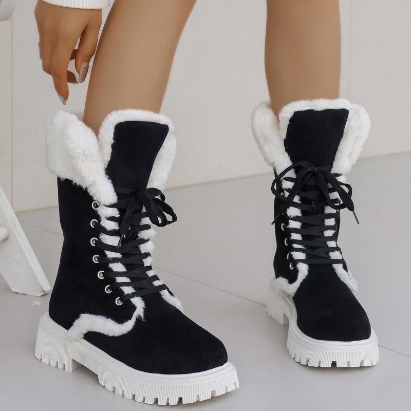 Fashion Cotton Boots Winter New Round Toe Front Lace-up Suede Platform Non-Slip Mid-Tube Boots
