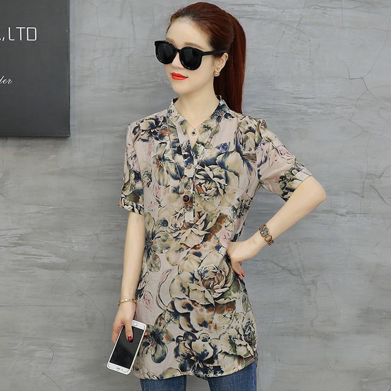 Plus Size Tops Women Vintage Floral Print Blouses Women Short Sleeve Summer Loose Elegant Shirt Casual Clothing D532