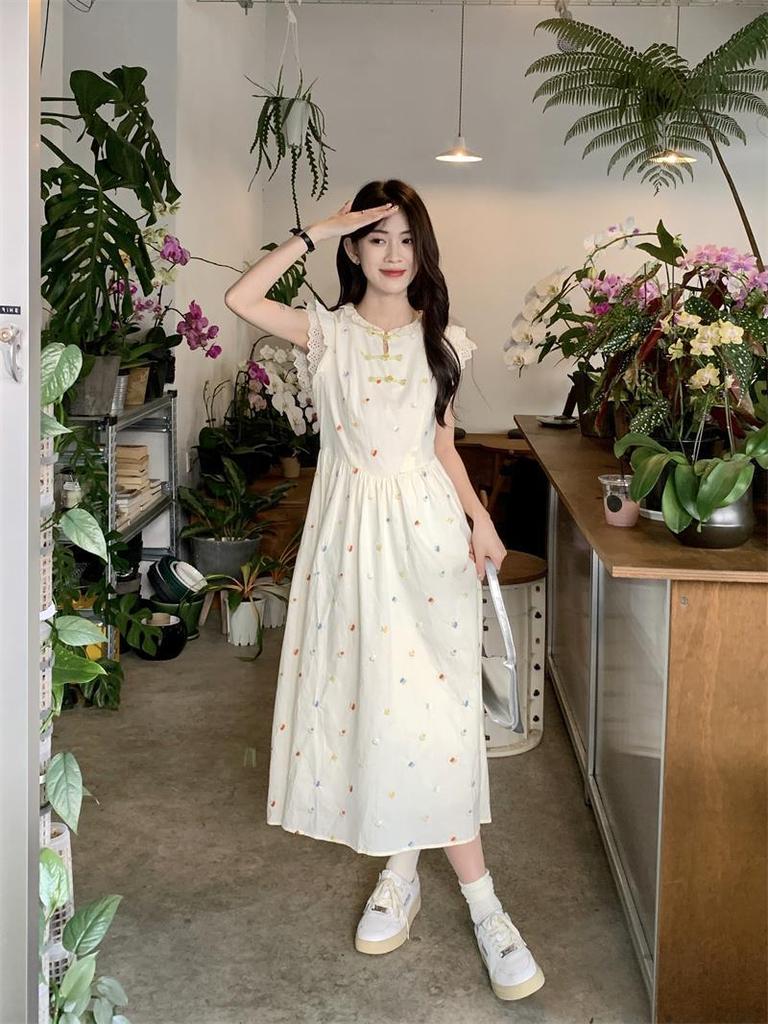 Sweet floral disc button dress women's summer new waist thin medium and long design vest skirt
