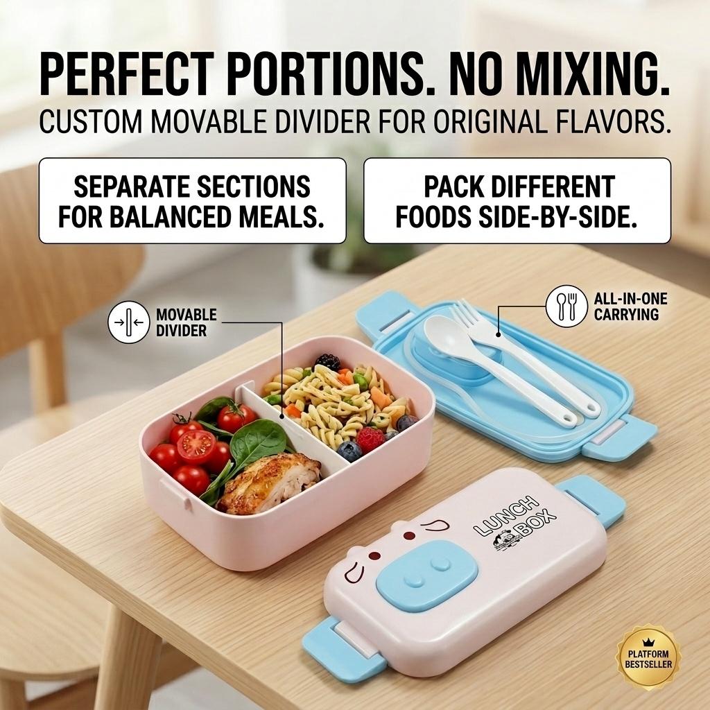 Animal Bento Box Plastic Lunch Box for Kids School Leakproof Microwavable Food Storage Containers with Compartments & Cutlery
