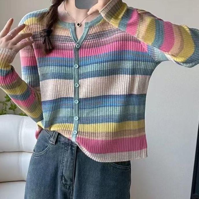 

Plus Size Women s Rainbow Stripe Button-Up Knit Cardigan with Collar and Long Sleeves One Size 90-135jin