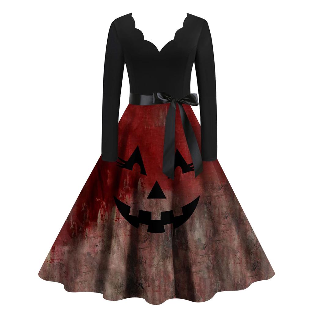 Halloween Women's Casual Fashion V-Neck Printed Vintage Dress