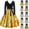 Women's Casual Fashion V-neck Long Sleeved Retro Christmas Print Retro Dress