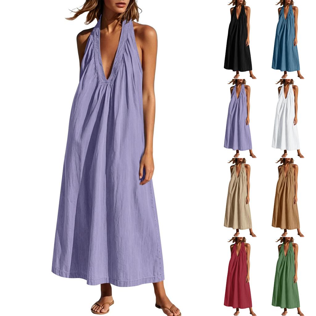 Women's Fashion Sleeveless V Neck Backless Casual Loose Fit Long Dress Summer Beachwear Maxi Dress