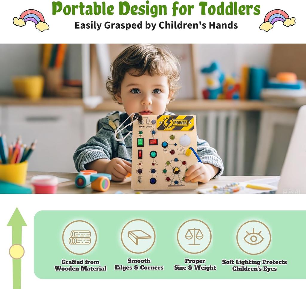 Montessori Hračky Dřevěná Aktivní Tabule Spínačové Hračky S Tlačítkem LED Světla Senzorické Cestovní Hračky pro Batole Předškolní Vzdělávací Aktivita