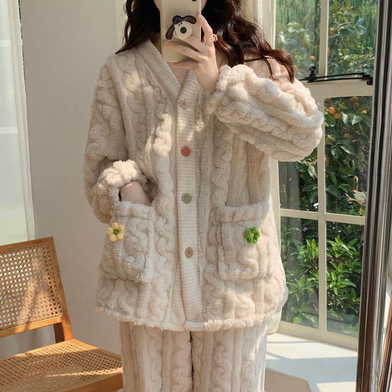 2025 Women's Autumn/Winter Flannel Jacquard Coral Fleece Pajama Set - Long Sleeve Cardigan