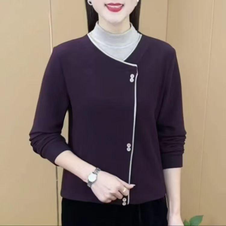 

Autumn and winter fashion women s clothing new splicing temperament semi-turtleneck double-sided German velvet fake two-piece diagonal buckle 5XL темно-фіолетовий колір