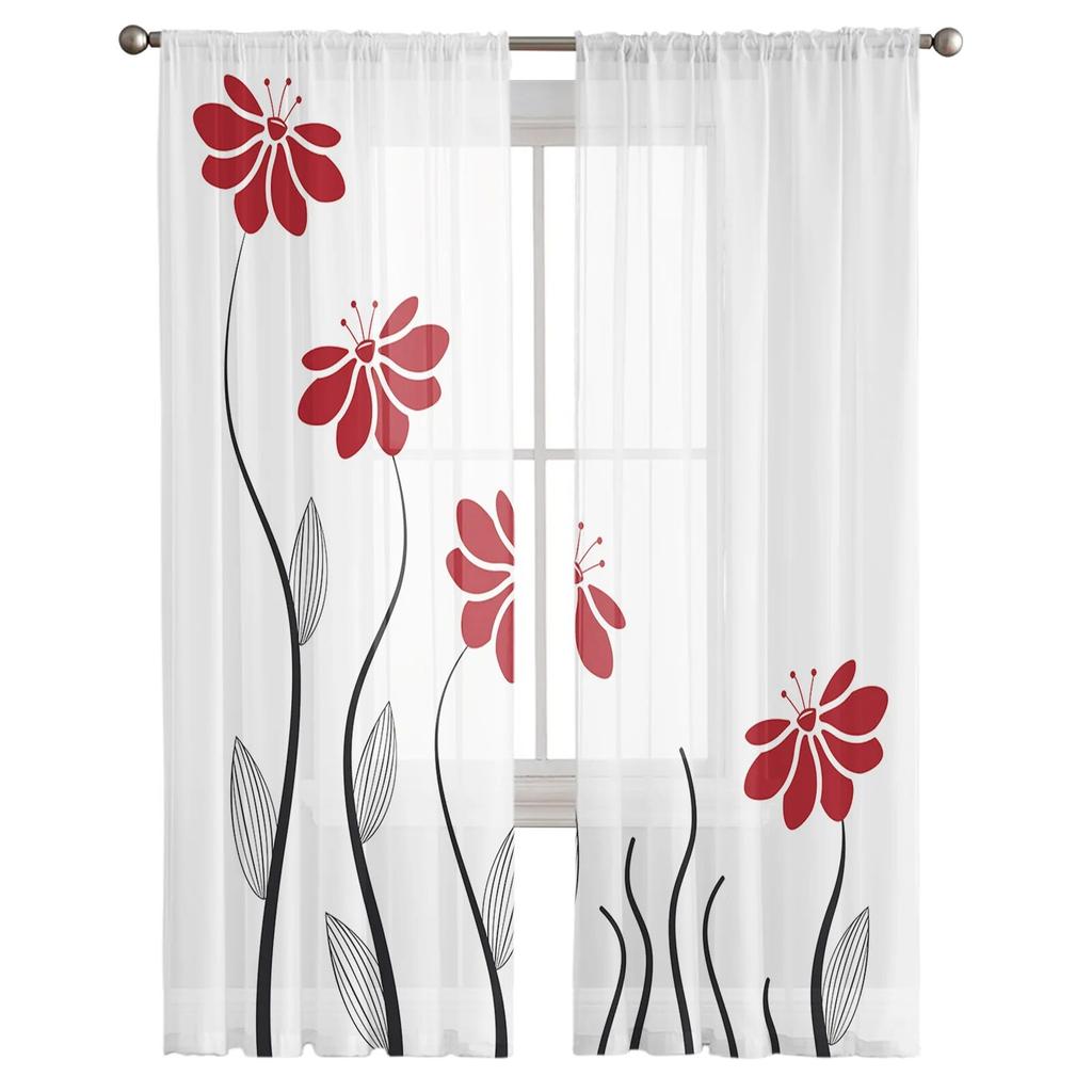 Röda Blommor Linjer Växtgardin Tyll Dekorativa Skira Gardiner för Vardagsrum Sovrum Kök Hotell Hem Fönsterpaneler