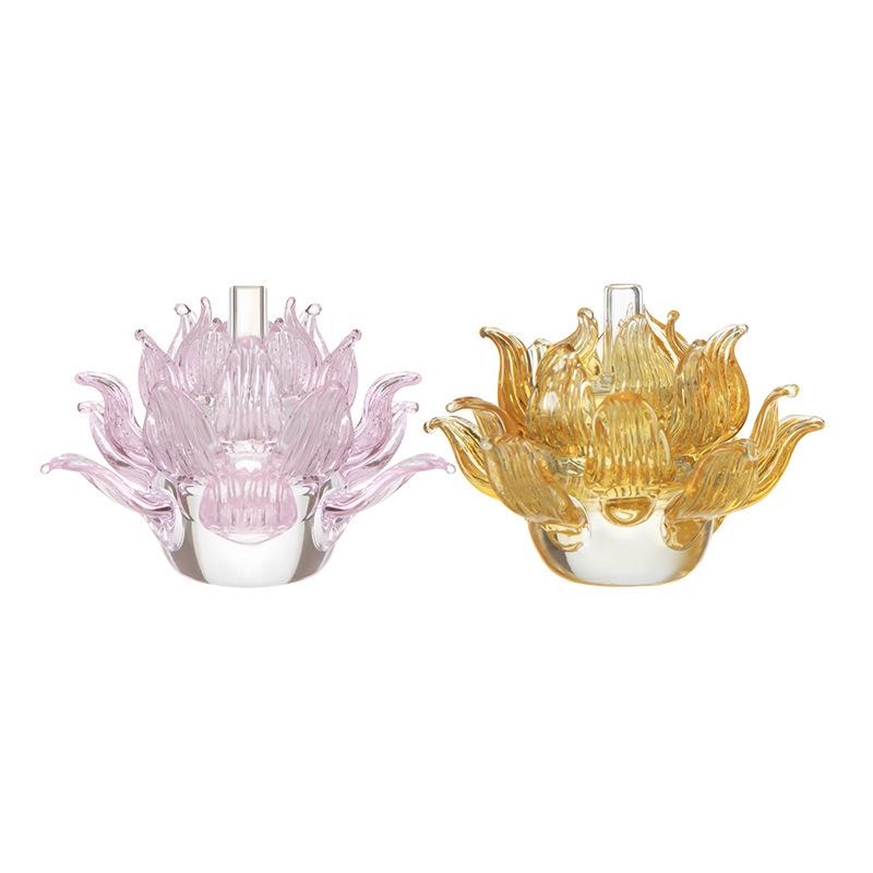 High Borosilicate Glass Lotus Flower Incense Holder & Candle Stick,Gold Gilded Buddhist Altar Decor for Home Temple