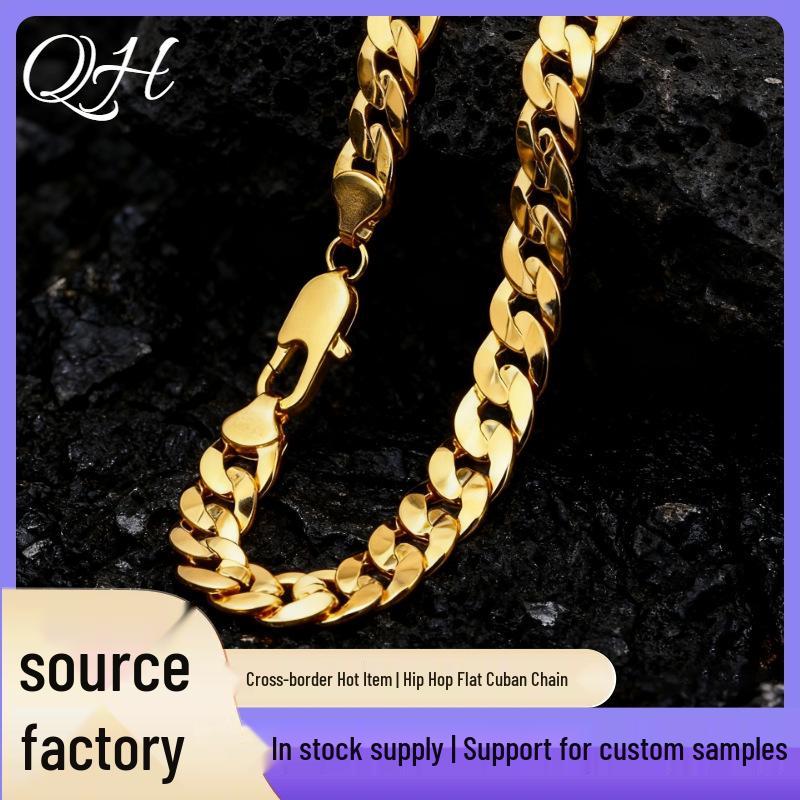 4-10MM Gold Plated Side Embossed Flat Copper Cuban Chain - Hip Hop Geometric Style