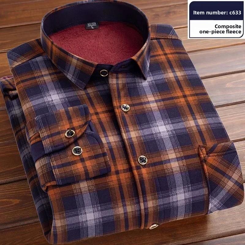 2025 Men's Autumn Winter Thick Warm Long Sleeve Plaid Shirt Thick Fleece Warm Casual Shirts for Men Oversized Plaid Shirts Male