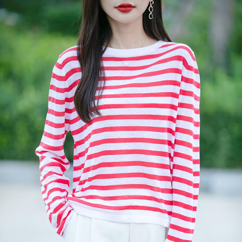 Spring New Style Round-neck Knitted Sweater, Long-sleeved, Color-blocked Striped Loose Pullover Base Layer