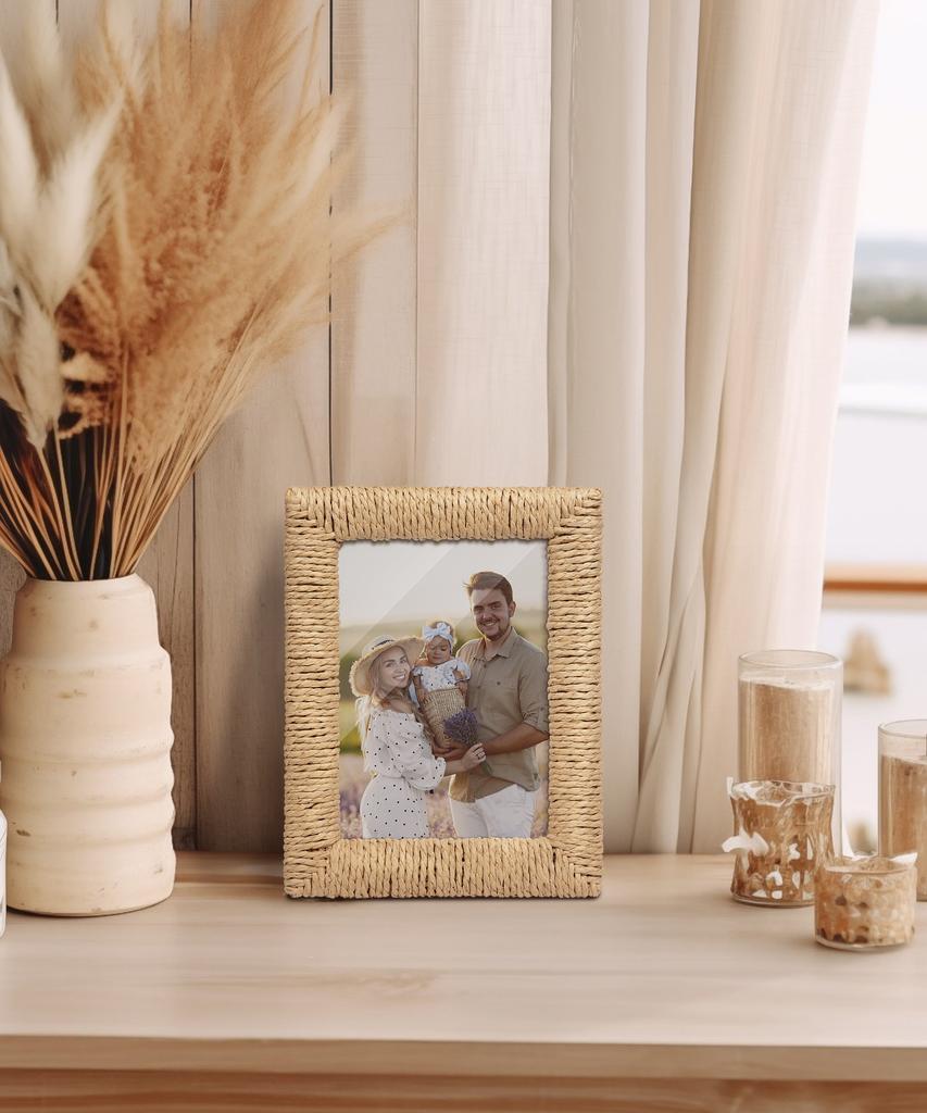 Cornice per Foto in Legno con Corda di Canapa Intrecciata Fatta a Mano Creativa, Elemento Decorativo in Rattan, Cornice per Foto Stile Boemo Scatola Portagioie